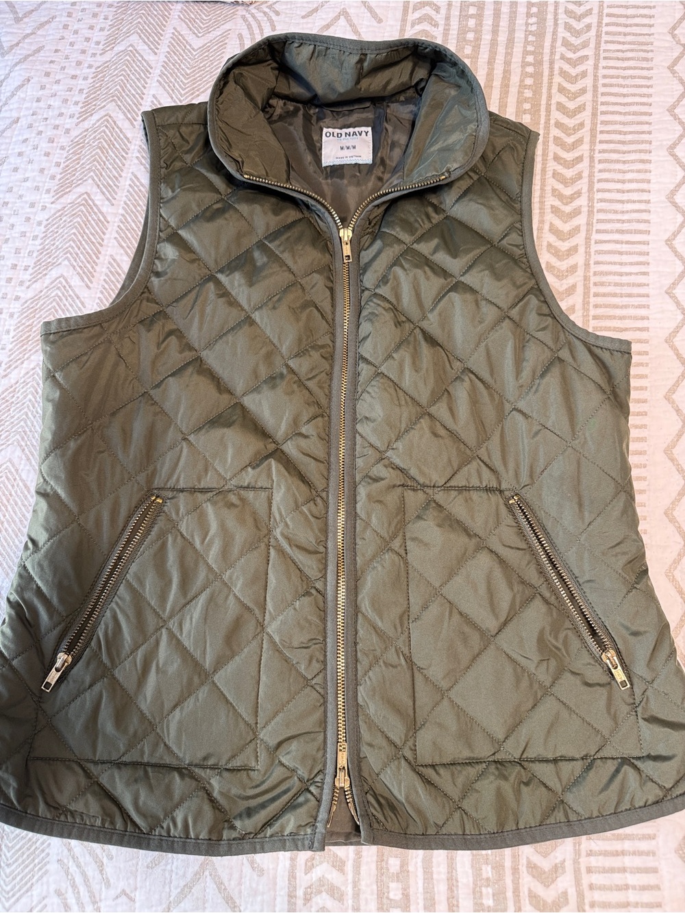 Old Navy Olive Quilted Puffer Vest with Gold Zippers